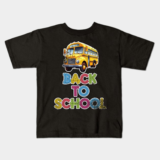 Back to School Yellow School Bus Distressed Kids T-Shirt by DanielLiamGill